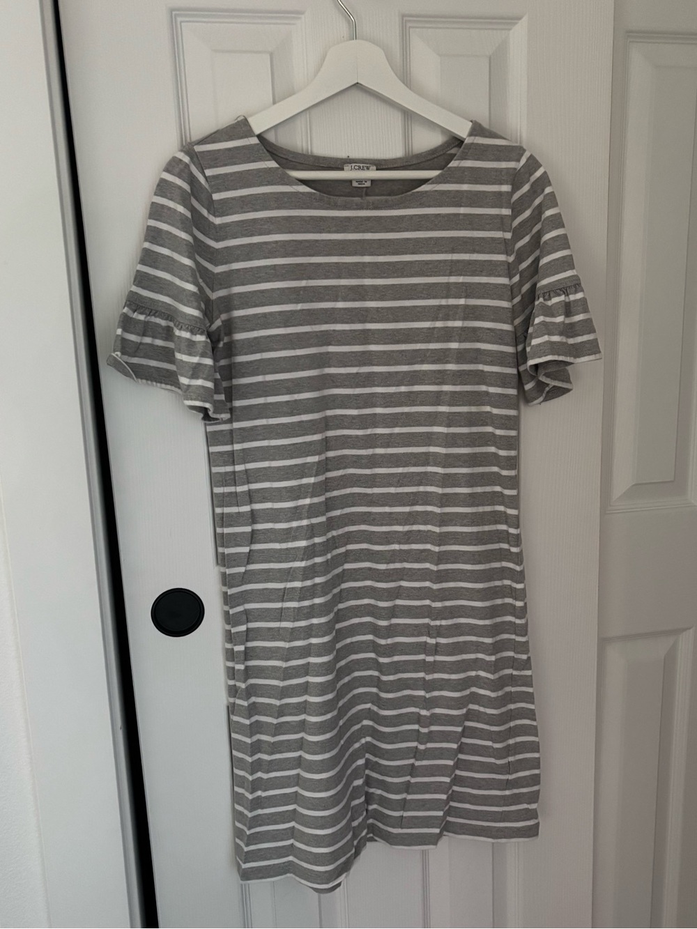 J. Crew Gray and White Striped Ruffle-Sleeve Mini Dress
